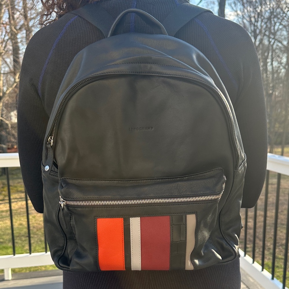 Longchamp Black Leather Backpack with Orange, Red and Cream Stripes